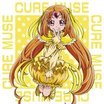  boo_(takagi) boots bow brown_hair bubble_skirt character_name choker circlet cure_muse_(yellow) earrings frills full_body hair_bow heart highres jewelry knee_boots long_hair looking_at_viewer polka_dot polka_dot_background precure red_eyes shirabe_ako skirt solo suite_precure twintails v yellow_background yellow_bow yellow_choker yellow_footwear yellow_skirt 