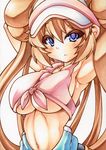  arms_up blue_eyes blush breasts brown_hair double_bun large_breasts legwear_under_shorts long_hair marker_(medium) mei_(pokemon) navel pantyhose pantyhose_under_shorts pokemon pokemon_(game) pokemon_bw2 raglan_sleeves shorts solo traditional_media twintails visor_cap yutakasan-love 