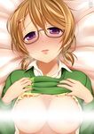  bad_id bad_pixiv_id bangs blonde_hair blush bra bra_lift breasts censored cleavage collared_shirt eyebrows eyebrows_visible_through_hair full-face_blush glasses grey-framed_eyewear hair_ornament hairclip koizumi_hanayo large_breasts lifted_by_self looking_at_viewer love_live! love_live!_school_idol_project low_twintails on_bed parted_lips pink_lips purple_eyes semi-rimless_eyewear shirt shirt_lift short_twintails solo suzume_miku sweat twintails under-rim_eyewear underwear upper_body white_shirt x_hair_ornament yellow_bra 