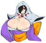  1girl ?kami areola_slip areolae big_breasts black_hair breasts capcom cleavage clothed clothing female hair_over_one_eye hood huge_breasts human japanese_clothes large_breasts mammal nun_habit obi ookami_(game) rao red_eyes slugbox smile solo video_games wide_sleeves 