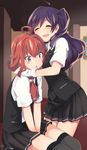  ahoge arashi_(kantai_collection) asaoka_(0x0) closed_eyes gloves hagikaze_(kantai_collection) hug kantai_collection long_hair multiple_girls neck_ribbon one_side_up open_mouth pleated_skirt purple_hair red_hair red_ribbon ribbon school_uniform short_hair short_sleeves skirt smile thighhighs vest white_gloves 