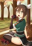  asymmetrical_legwear brown_eyes brown_hair cup elbow_gloves food gloves hair_between_eyes hair_ribbon highres jacket kantai_collection long_hair looking_at_viewer looking_back pelvic_curtain remodel_(kantai_collection) ribbon side_slit single_elbow_glove single_thighhigh solo sweet_potato thighhighs tone_(kantai_collection) twintails umino_mokuzu_(shizumisou) white_ribbon yunomi 