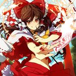  ascot between_fingers bow brown_eyes brown_hair detached_sleeves fingernails gohei hair_bow hair_tubes hakurei_reimu hirasaka_ine long_hair looking_at_viewer midriff navel ofuda shide skirt smile solo touhou wide_sleeves 