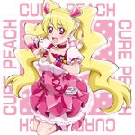  :d blonde_hair boo_(takagi) boots bow character_name choker corset cure_peach earrings fresh_precure! full_body hair_ornament happy heart heart_earrings heart_hair_ornament heart_hands highres jewelry knee_boots kneeling long_hair looking_at_viewer magical_girl momozono_love open_mouth pink_bow pink_choker pink_eyes pink_footwear pink_skirt precure skirt smile solo twintails wrist_cuffs 