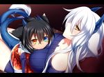  1girl animal_ears black_hair blush_stickers brother_and_sister dragon_horns dragon_tail heterochromia horns konshin long_hair off_shoulder orie_hakua orie_kureha original ribbed_sweater siblings sweater tail white_hair 