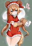  animal_ears baphomet_(monster_girl_encyclopedia) bell brown_hair capelet christmas dress fur_trim grin hat heart heart-shaped_pupils highres horns long_hair monster_girl monster_girl_encyclopedia paws pom_pom_(clothes) ribbon sack santa_costume santa_hat silver_eyes smile solo syannhai-doll symbol-shaped_pupils tail twintails very_long_hair wrist_ribbon 