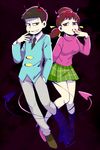  1girl black_background bowl_cut brown_hair demon_horns demon_tail evil_grin evil_smile fang finger_to_mouth formal grin hairband hand_in_pocket horns low_twintails matsuno_osomatsu mone_(14ri0000) nail_polish osomatsu-kun osomatsu-san plaid plaid_skirt red_nails short_hair short_twintails simple_background skirt smile suit tail turtleneck twintails twitter_username yowai_totoko 