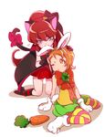  ;o animal_ears biting blue_eyes bow brown_eyes brown_hair bunny_ears bunny_tail carrot cat_ears cat_tail chiyo_(rotsurechiriha) full_body genderswap genderswap_(mtf) gloves green_skirt happinesscharge_precure! kemonomimi_mode kneeling long_hair multicolored multicolored_clothes multicolored_legwear multiple_girls one_eye_closed oomori_yuuko orange_bow pantyhose paw_gloves paws phantom_(happinesscharge_precure!) ponytail precure red_bow red_hair red_skirt shirt short_hair sitting skirt sleeveless sleeveless_shirt striped striped_legwear tail tail_bow unlovely_(happinesscharge_precure!) wariza white_background wide_ponytail yellow_shirt 