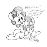  2015 age_difference anus blush cub cutie_mark dialogue duo earth_pony english_text equine fan_character female female/female feral horse mammal mcsweezy monochrome my_little_pony open_mouth pony pussy simple_background spread_legs spreading text underhoof white_background young 