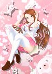  brown_footwear brown_hair hair_ornament highres idolmaster idolmaster_(classic) long_hair minase_iori navel pink_hair pink_skirt pleated_skirt shirt shoes skirt solo tengu_(tetuo_kun) thighhighs white_legwear white_shirt 