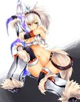  belt blue_eyes elbow_gloves frofrofrost fur gloves horn kirin_(armor) looking_at_viewer medium_hair monster_hunter navel parted_lips silver_hair solo sword thighhighs weapon 