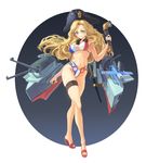  aircraft airplane bayonet bikini blonde_hair cannon check_artist contrapposto crane crossed_legs flag_print fleur_de_lis france french_flag french_flag_bikini full_body gradient gradient_background hat headphones headphones_around_neck high_heels highres hips kantai_collection legs lipstick long_hair long_legs looking_at_viewer makeup mecha_musume midriff navel original outside_border pacific periscope print_bikini red_footwear rigging round_image sheath sheathed shoes sima_naoteng simple_background solo standing surcouf_(pacific) swimsuit thigh_strap tricorne very_long_hair watson_cross wavy_hair wide_hips 