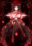  adapted_costume ankle_ribbon arkray bad_id bad_pixiv_id bangs black_hair blue_eyes border chain cross crossed_legs dress fate/stay_night fate_(series) full_body gears gem glowing hair_ribbon high_heels highres lace lace-trimmed_skirt lace-trimmed_thighhighs lace_trim long_hair long_legs looking_at_viewer magic nail_polish parted_bangs parted_lips red red_footwear red_nails red_ribbon ribbon see-through shoes sitting skirt solo space sparkle starry_sky_print sword thighhighs toosaka_rin two_side_up weapon zelretch_sword 