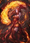  arm_up breasts cglas cleavage defense_of_the_ancients detached_sleeves dota_2 fire full_body lina_inverse_(dota_2) long_hair medium_breasts red_eyes red_hair red_legwear solo standing 