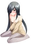  bad_id bad_pixiv_id black_hair blush breasts brown_eyes cleavage crying crying_with_eyes_open hair_over_one_eye hayashimo_(kantai_collection) kantai_collection long_hair medium_breasts nekobaka off_shoulder pantyhose ribbed_sweater simple_background solo sweater tears 