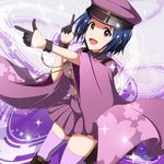  black_gloves blue_hair brown_eyes gloves idolmaster idolmaster_(classic) kouchou miura_azusa open_mouth pleated_skirt purple_legwear purple_skirt senbon-zakura_(vocaloid) short_hair skirt solo thighhighs 