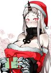 bare_shoulders blush box breasts christmas claws cleavage covered_nipples detached_sleeves dress fur_trim gift gift_box glowing glowing_eyes hat highres horn horns kantai_collection kayumidome large_breasts long_hair red_eyes santa_costume santa_hat seaport_hime shinkaisei-kan solo upper_body white_hair 
