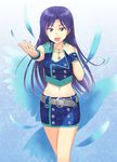  :d belt blue_eyes blue_hair blue_skirt cross cross_necklace idolmaster idolmaster_(classic) jewelry kisaragi_chihaya long_hair looking_at_viewer midriff music navel necklace open_mouth outstretched_arm singing skirt smile solo tsurui wrist_cuffs 