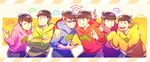  ;) arm_around_shoulder brothers brown_hair copyright_name crossed_arms hand_on_shoulder hood hoodie looking_at_viewer male_focus matsuno_choromatsu matsuno_ichimatsu matsuno_juushimatsu matsuno_karamatsu matsuno_osomatsu matsuno_todomatsu messy_hair money_gesture multiple_boys nyaph one_eye_closed osomatsu-kun osomatsu-san sextuplets siblings sleeves_past_wrists smile sunglasses tongue tongue_out 