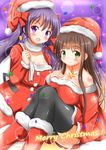  black_legwear blush_stickers boots breasts brown_hair christmas cleavage gochuumon_wa_usagi_desu_ka? green_eyes hair_ribbon hand_on_own_chest hat highres large_breasts long_hair looking_at_viewer merry_christmas multiple_girls purple_eyes purple_hair ribbon santa_boots santa_costume santa_hat smile sparkle star tedeza_rize thighhighs twintails ujimatsu_chiya zenon_(for_achieve) 