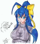  antenna_hair blazblue blazblue_remix_heart blue_eyes blue_hair bow breast_envy breasts chibi chibi_inset covered_nipples genderswap hair_bow impossible_clothes impossible_sweater large_breasts long_hair looking_at_viewer mai_natsume marker_(medium) multiple_girls nayaase_beleguii noel_vermillion ponytail ribbed_sweater ribbon simple_background smile smug sweater traditional_media turtleneck upper_body white_background 