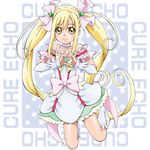  blonde_hair boo_(takagi) boots bow character_name choker cure_echo earrings frills full_body hair_ornament hair_ribbon heart heart_hair_ornament heart_hands highres jewelry knee_boots long_hair looking_at_viewer magical_girl pink_bow precure precure_all_stars_new_stage:_mirai_no_tomodachi ribbon sakagami_ayumi skirt smile solo twintails white_choker white_footwear white_skirt wrist_cuffs yellow_eyes 