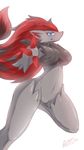  1girl ambiguous_gender black_fur blue_eyes claws female foreshortening fur furry hair navel nintendo no_humans pok&eacute;mon pokemon pokemon_(game) pokemon_bw red_claws red_hair simple_background smile solo unknown_artist video_games white_background zoroark 