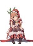  aqua_eyes black_legwear blush breasts brown_hair cape clarisse_(granblue_fantasy) cleavage full_body gloves granblue_fantasy hat high_heels holly long_hair looking_at_viewer medium_breasts midriff parted_lips santa_hat sian simple_background solo squatting thighhighs white_background 