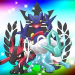  bad_id bad_pixiv_id black_eyes claws gen_2_pokemon gen_3_pokemon gen_4_pokemon highres lucario mikoshiba_manha_sewashii multicolored multicolored_background no_humans open_mouth pointy_ears pokemon pokemon_(creature) pokken_tournament red_eyes sceptile simple_background sparkle suicune yellow_sclera 
