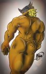  2018 anthro biceps butt butt_pose clothing digimon digimon_(species) dragon hair hi_res looking_at_viewer looking_back male mibito_(artist) mostly_nude muscular muscular_male pose scalie simple_background solo wargreymon 