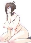  absurdres black_hair blue_eyes breasts butcherboy cleavage high_heels highres large_breasts looking_at_viewer mole mole_under_eye mole_under_mouth navel nipples original simple_background sitting smile solo tied_hair wariza white_background 