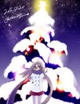  2015 ahoge banned_artist blush buttons checkered checkered_scarf christmas christmas_tree coat dated double_v grey_hair hair_between_eyes kantai_collection kiyoshimo_(kantai_collection) long_hair long_sleeves looking_at_viewer low_twintails night night_sky pantyhose pine_tree pleated_skirt purple_eyes purple_legwear sayori_(oskn) scarf skirt sky smile snow solo star star_(sky) starry_sky tree twintails twitter_username v very_long_hair 