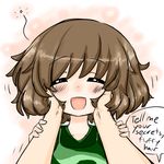  akiyama_yukari artist_request blush closed_eyes english facing_viewer fluffy girls_und_panzer green_shirt hands_on_another's_cheeks hands_on_another's_face hands_on_another's_wrists happy messy_hair open_mouth out_of_frame pink_background playing_with_another's_hair pov pov_hands shirt simple_background smile solo_focus speech_bubble 