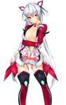  :o boots breasts center_opening cleavage frofrofrost hand_on_own_face innocent_cluster large_breasts long_hair matoi_(pso2) no_bra open_clothes phantasy_star phantasy_star_online_2 red_eyes silver_hair skin_tight solo thigh_boots thighhighs twintails very_long_hair white_background 