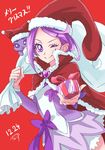  arm_warmers bag bow brooch capelet chocokin cowboy_shot creature cure_sword dated davi_(dokidoki!_precure) dokidoki!_precure gift giving hat jewelry kenzaki_makoto looking_at_viewer magical_girl merry_christmas one_eye_closed precure purple_bow purple_eyes purple_hair purple_skirt red_background sack santa_hat short_hair signature skirt smile 