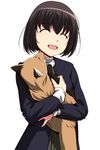  animal black_hair blush closed_eyes cowboy_shot eyebrows_visible_through_hair fox highres holding holding_animal hug long_sleeves matsunaga_kouyou open_mouth original short_hair simple_background smile solo white_background 