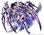  arms_up black_hair boots breasts center_opening cleavage copyright_name detached_sleeves dress hair_ornament kai-ri-sei_million_arthur kawanakajima long_hair medium_breasts million_arthur_(series) purple_eyes smile solo thigh_boots thighhighs 