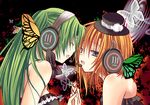  bangs blue_eyes bow bug butterfly butterfly_hair_ornament butterfly_wings closed_eyes couple dress green_hair hair_ornament hat headphones hibiki_mio higurashi_no_naku_koro_ni holding_hands insect long_hair looking_at_another magnet_(vocaloid) multiple_girls music nail_polish orange_hair ponytail red_nails ryuuguu_rena short_hair singing sonozaki_mion top_hat vocaloid wings yuri 