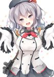  bag blush breasts epaulettes gloves grey_eyes hat heart highres igakusei incoming_hug kantai_collection kashima_(kantai_collection) large_breasts looking_at_viewer military military_uniform open_mouth outstretched_arms silver_hair skirt smile solo twintails uniform white_gloves 