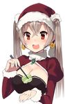  :d blonde_hair blush breasts chopsticks cleavage cleavage_cutout commentary_request earrings eyelashes feeding flower_earrings food fur_trim hair_between_eyes hat jewelry kuro_chairo_no_neko large_breasts long_hair long_sleeves looking_at_viewer open_mouth pov_feeding puffy_long_sleeves puffy_sleeves red_eyes salad santa_costume santa_hat simple_background smile solo teeth twintails upper_body very_long_hair white_background 