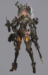  armor blue_hair blurry bodysuit covered_navel expressionless eyelashes full_body grey_background gun hand_on_hip headgear high_heels holding holding_gun holding_weapon knee_pads lens lm7_(op-center) looking_at_viewer machinery original power_armor red_eyes science_fiction short_hair shoulder_pads simple_background skin_tight solo standing twintails weapon 