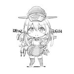  anchor anchor_hair_ornament buttons cannon character_name chibi full_body greyscale hair_between_eyes hair_ornament hat kantai_collection long_hair long_sleeves looking_at_viewer low_twintails military military_uniform monochrome open_mouth outstretched_arm peaked_cap pemu prinz_eugen_(kantai_collection) short_twintails simple_background solo standing thighhighs torpedo turret twintails uniform white_background zettai_ryouiki 