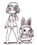  :&lt; animal_ears bangs bunny_ears character_name glasses gun helmet innertube misora_inaho monochrome nollety pigeon-toed school_swimsuit short_hair sketch spacesuit standing swimsuit usapyon watch weapon white_background youkai youkai_watch youkai_watch_(object) 