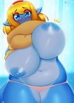  2015 3mangos anthro areola big_breasts big_nipples blonde_hair blue_eyes blue_skin blush breasts clothing dragon female hair headband hi_res horn huge_breasts long_hair looking_at_viewer navel nipples panties slightly_chubby solo sweater thick_thighs underwear undressing voluptuous wide_hips 