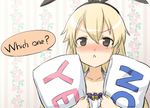  :&lt; blonde_hair blush closed_mouth commentary_request engiyoshi english grey_eyes hair_between_eyes hair_ornament hairband kantai_collection long_hair looking_at_viewer no pillow pillow_hug reverse_translation shimakaze_(kantai_collection) solo v-shaped_eyebrows yes yes-no_pillow 