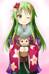  crescent crescent_hair_ornament floral_print flower green_eyes green_hair hair_flower hair_ornament ichimi japanese_clothes kantai_collection kimono long_hair looking_at_viewer nagatsuki_(kantai_collection) one_eye_closed solo stuffed_monkey stuffed_toy very_long_hair 