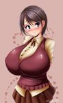  arms_behind_back blue_eyes blush borrowed_character breasts brown_hair collared_shirt commentary_request gigantic_breasts kukuru looking_at_viewer original pleated_skirt school_uniform shirt short_hair skirt smile solo sweater_vest 