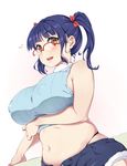  belly blue_hair bow breasts brown_eyes covered_nipples denim denim_shorts glasses hair_bow highres large_breasts long_hair looking_at_viewer moisture_(chichi) navel nikuko_(galko) oshiete!_galko-chan plump puffy_nipples red-framed_eyewear short_shorts shorts simple_background skindentation smile solo sweater_vest teeth twintails white_background 