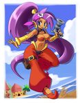  bandana bandeau blue_eyes bracer breasts cleavage day earrings gun handgun harem_pants jewelry kamiyama_teten large_breasts long_hair navel outdoors pants pistol pointy_ears ponytail purple_hair shantae_(character) shantae_(series) shantae_and_the_pirate's_curse shoes smile solo thigh_strap very_long_hair vest weapon 