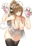  absurdres alternate_costume amagi_brilliant_park areola_slip areolae artist_name bare_shoulders black_legwear blush breasts brown_eyes brown_hair cat_paws cat_tail collarbone covered_navel gloves hews_hack highres kittysuit large_breasts leotard long_hair looking_at_viewer open_mouth paid_reward patreon_reward paw_gloves paw_pose paws ponytail sento_isuzu solo tail thigh_gap thighhighs transparent_background 